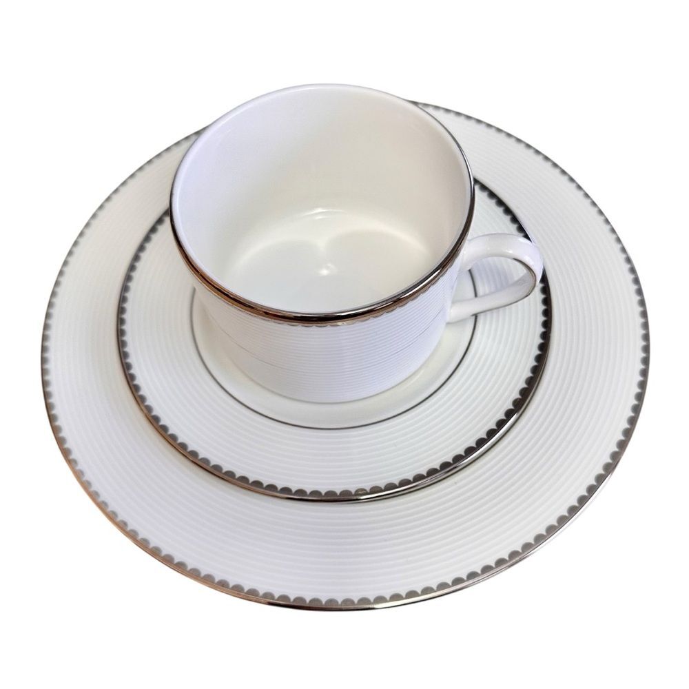 Kate Spade Lenox Sugar Pointe Teacup Saucer Salad Plate Set White Silver New